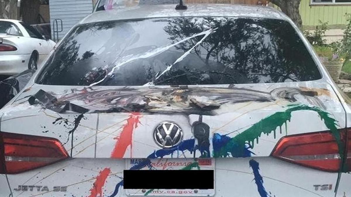Words painted on Victor Salazar’s car included hateful slurs for homosexual people that have been blacked out by the Sierra Star.