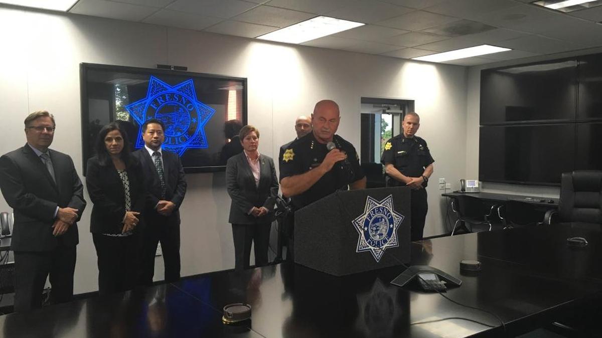 Police Chief Jerry Dyer stands with state and federal agencies at a news conference on Tuesday, July 19. Several key gang leaders were arrested Tuesday morning.