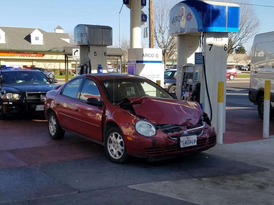 Police say Francisco Vega smashed into five cars in the Fresno Ag Hardware parking lot before driving his car to a nearby Arco gas station on Sunday in central Fresno.