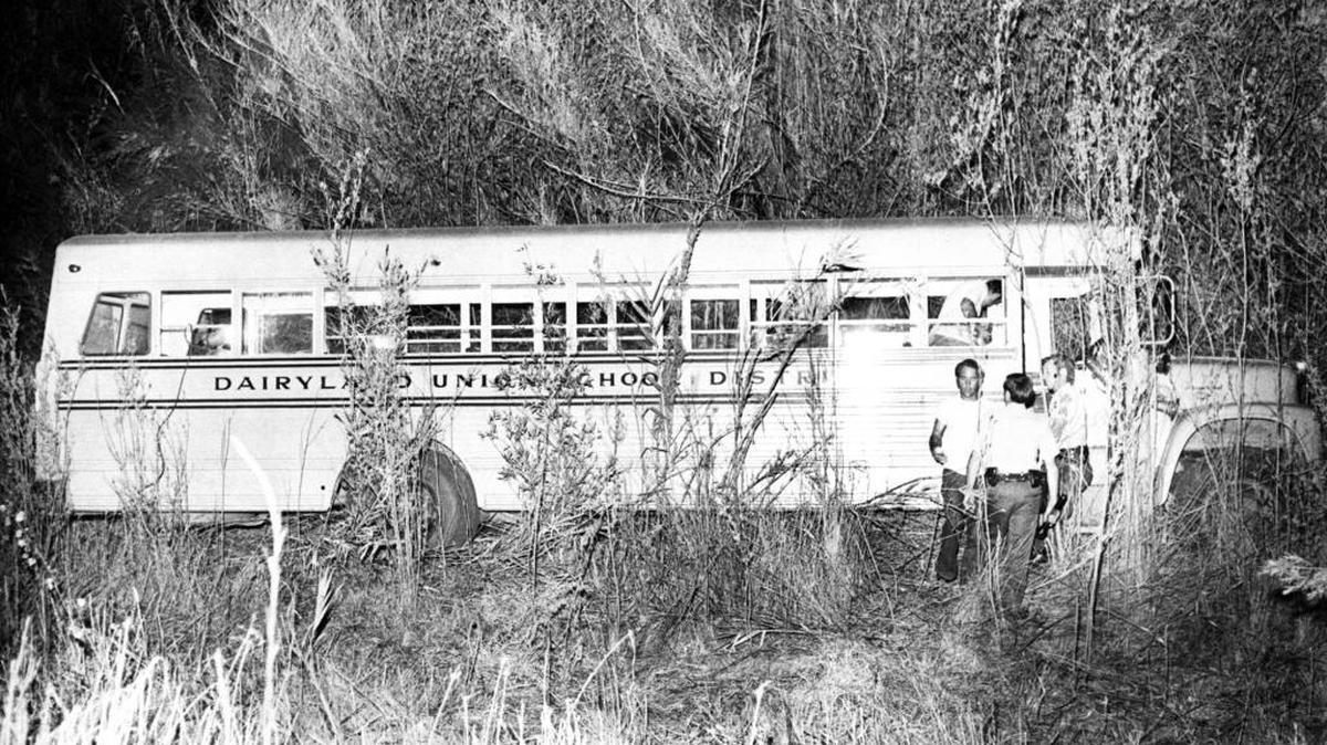 This is a Fresno Bee file photo by Ralph Thronebery of the Dairyland Unified School District school bus, better known as the Chowchilla School Bus. This photo was published on July 16, 1976 after the bus had been dumped. The 26 kidnap victims and their bus driver were later rescued from a van buried in a Livermore quarry.