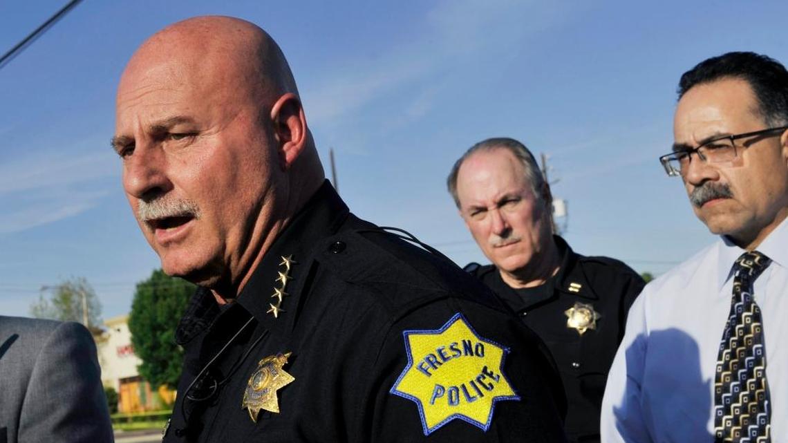 Fresno Police chief Jerry Dyer, left, holds a press conference following a shooting by an officer along Blackstone Avenue between Vassar and Yale Avenues Wednesday afternoon, March 23, 2016 in Fresno.