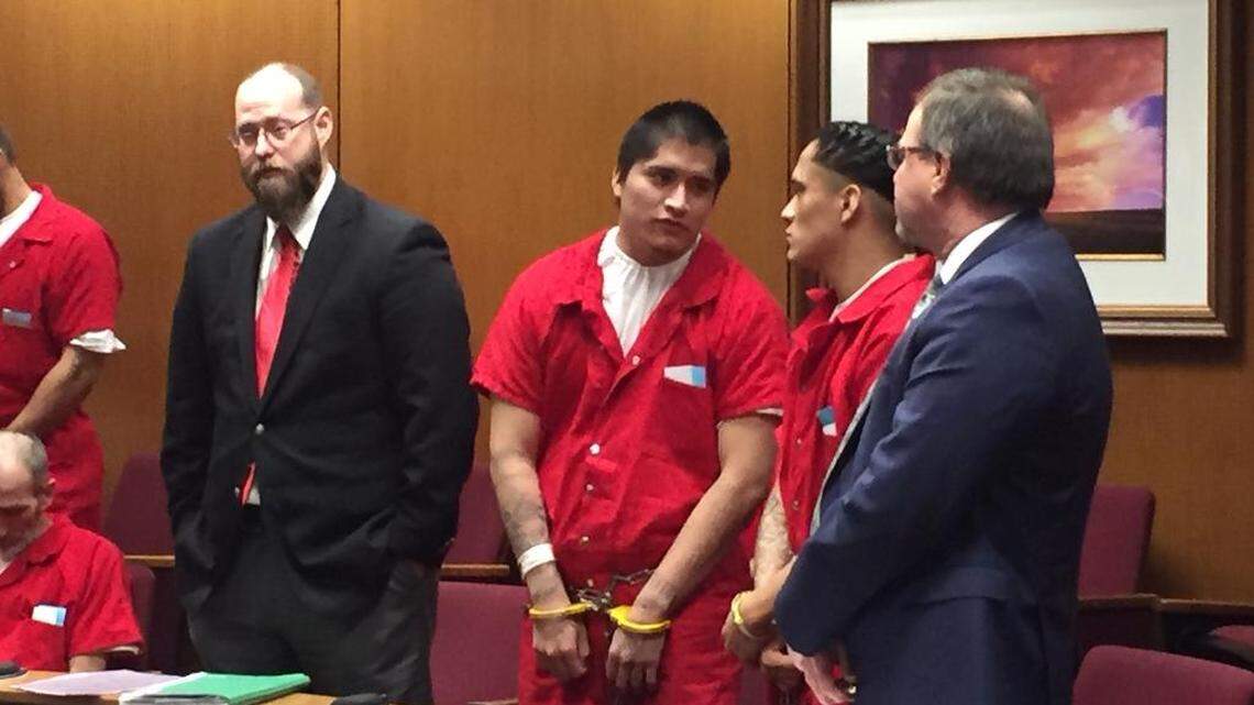 Gerald Smith, center left, and his brother Jared Smith, give each other glances during a sentencing hearing in Fresno County Superior Court on Wednesday, Feb. 6. Each was sentenced to 12 years in state prison after pleading guilty to voluntary manslaughter.