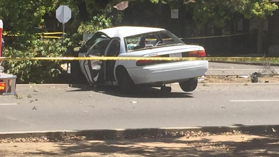 A wrecked car near a shooting on north First Street.