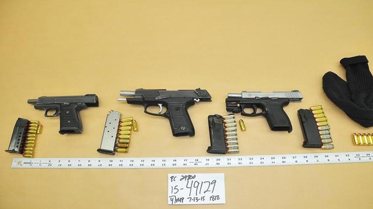 
Fresno police said these three loaded weapons, along with ammunition, were found in a vehicle Monday. Two felons with gang affiliations who were in the vehicle were arrested.
