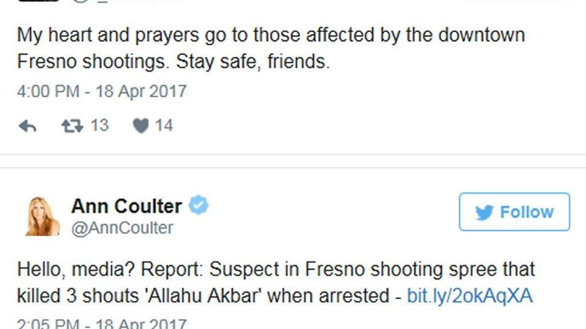 Two of the many reactions via Twitter to the deadly shooting rampage in Fresno on Tuesday, April 18, 2017