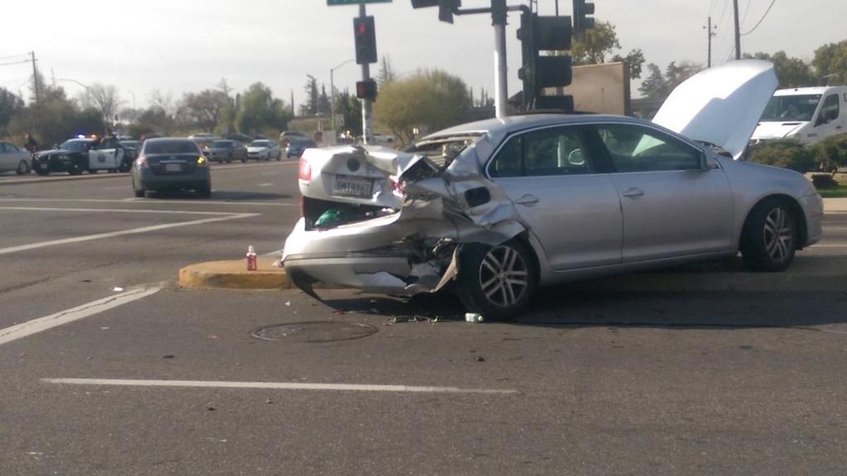 One of two vehicles in a central Fresno crash that injured two.