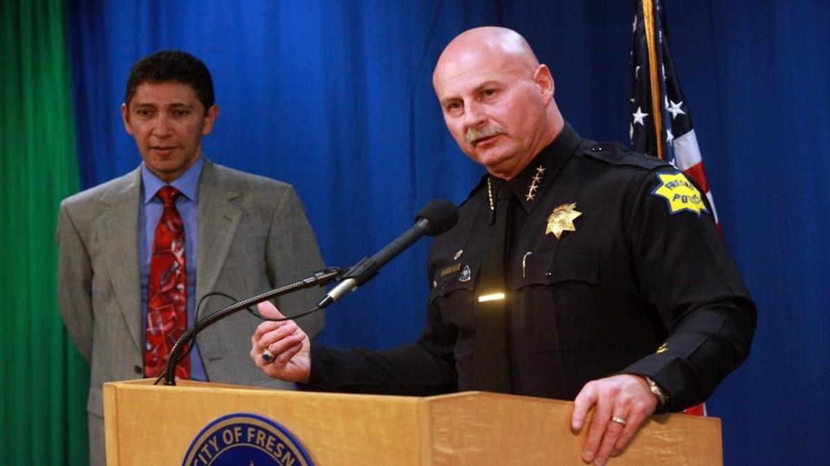 Fresno Police Department Chief Jerry Dyer speaks about the outcome of the wrongful death trial of Steven Vargas at a news conference at Fresno City Hall on Jan. 5, 2012. At left, representing the Vargas family, is attorney Arturo Gonzalez. The Vargas family was awarded $1.3 million in a settlement with Fresno.
