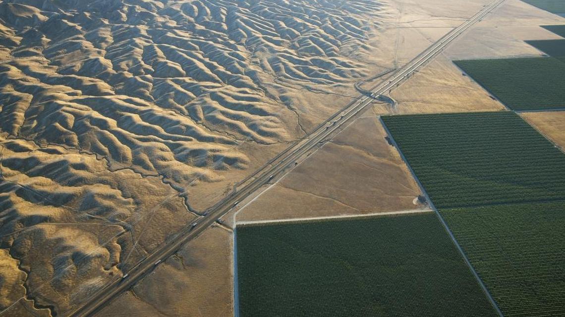 Irrigated fields in the Westlands Water District west of Tranquillity in 2015. Over time irrigation water becomes salty and must be drained away for soils to stay fertile.