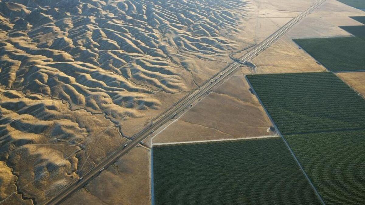 Irrigated fields in the Westlands Water District west of Tranquillity in 2015. Over time irrigation water becomes salty and must be drained away for soils to stay fertile.
