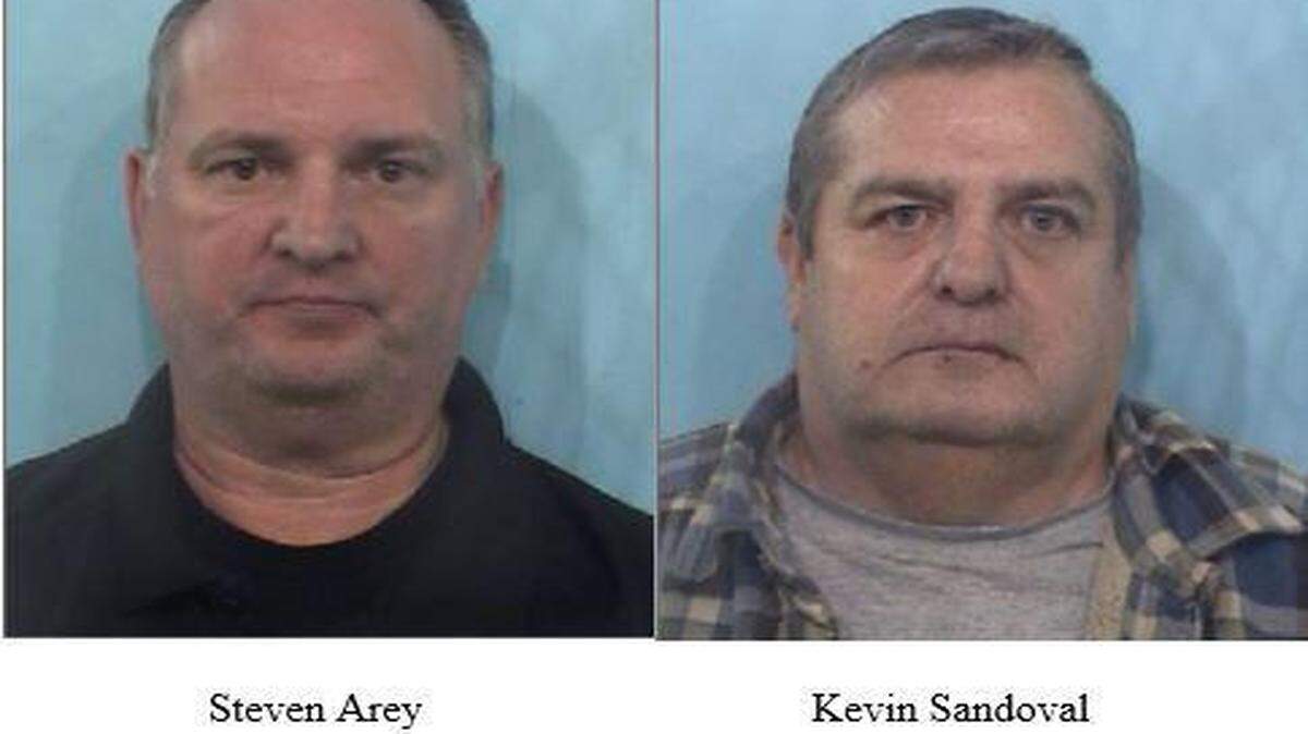 Tulare police detectives arrested 56-year-old Kevin Sandoval (at right), a retired corrections sergeant, and 48-year-old Steve Arey (left), a correctional officer, on Nov. 21 and 22, respectively, police said.