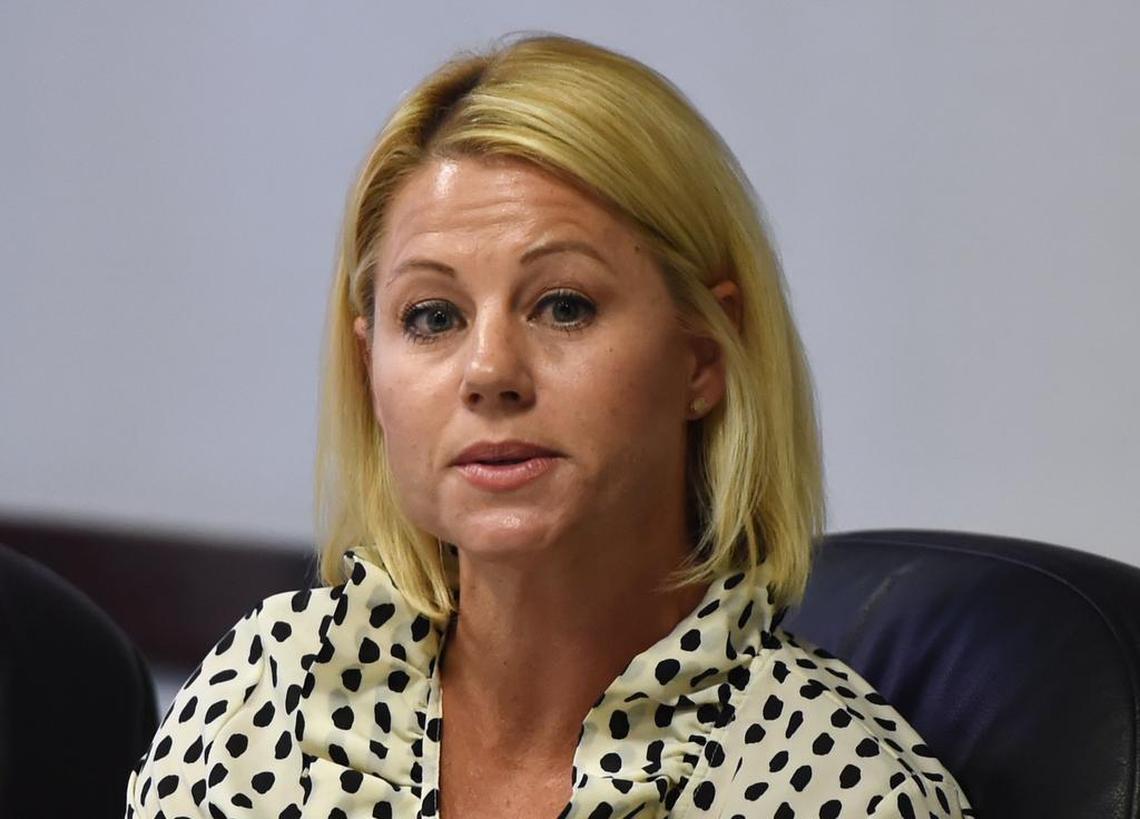 Commissioner Terra Brusseau apologizes at the Fresno Housing Authority Board meeting Tuesday, April 23, 2019 in Fresno.