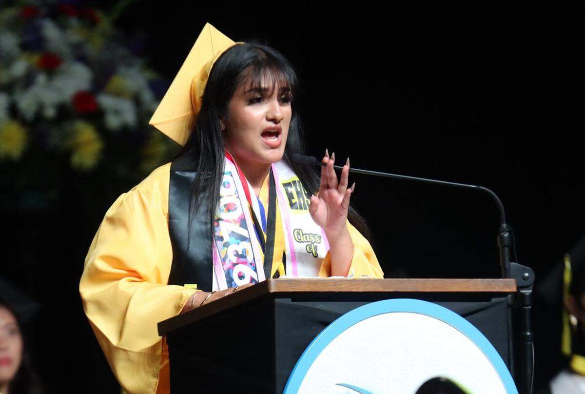 Valedictorian speaker Uzueth Ramírez-Gallegos spoke with pride about living in the 93706 zip code during the Edison High School graduation ceremony at the Save Mart Center on June 5, 2023.