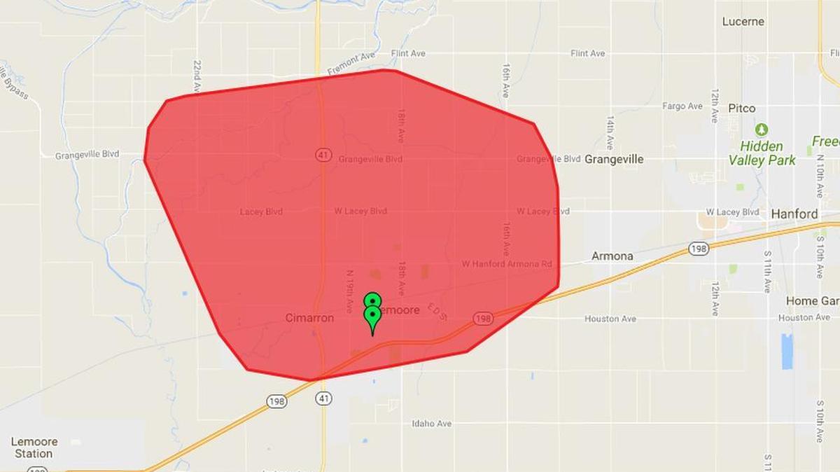 The power outage area affected in Lemoore is shown on the Pacific Gas & Electric website.