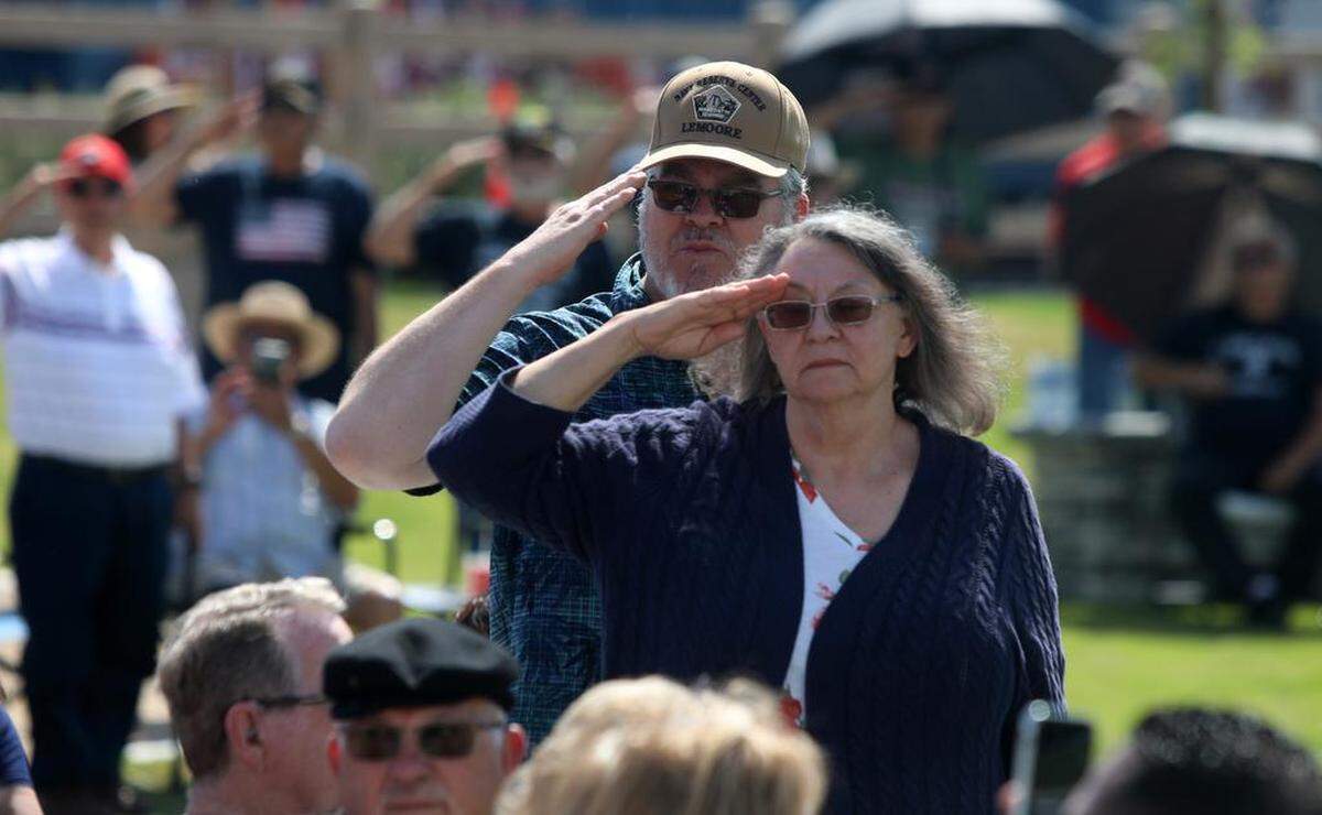About 400 people showed up for the unveiling of The Five Pillars of Freedom veterans memorial at Gateway Park in Corcoran on April 29, 2023.