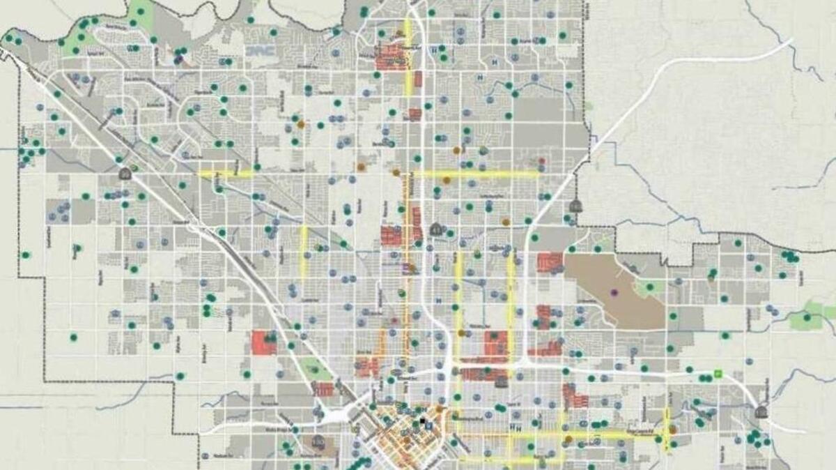 Dots superimposed on a Fresno city map show where residents have identified needed improvements for sidewalks and other pedestrian facilities. The map is part of a proposed Active Transportation Plan that will be considered Thursday, Feb. 9, by the Fresno City Council.