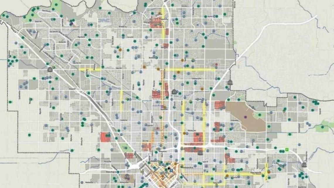 Dots superimposed on a Fresno city map show where residents have identified needed improvements for sidewalks and other pedestrian facilities. The map is part of a proposed Active Transportation Plan that was approved by the Fresno City Council on March 2, 2017.