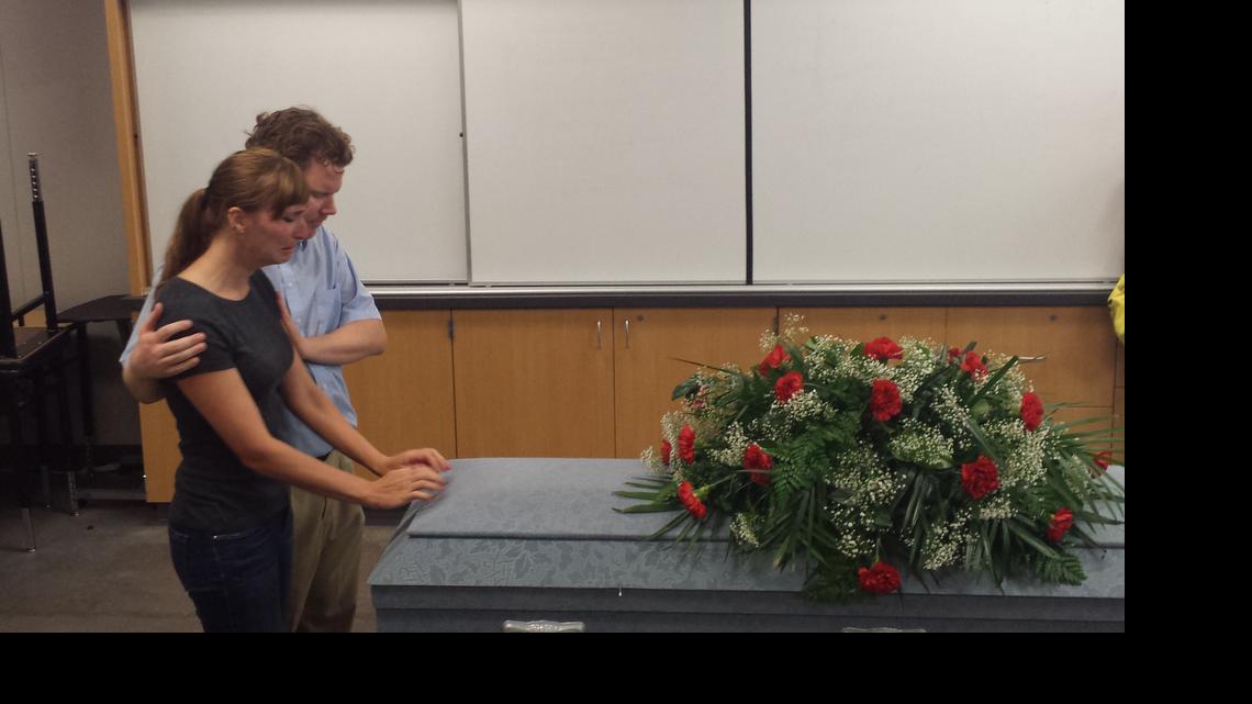 
Nearly 200 people on Saturday witnessed the dramatic journey of an average high school student whose drug use lands him first in jail, then in a casket as part of the Reality Tour’s stop in Fresno. Here’s the funeral scene during the Reality Tour. 
