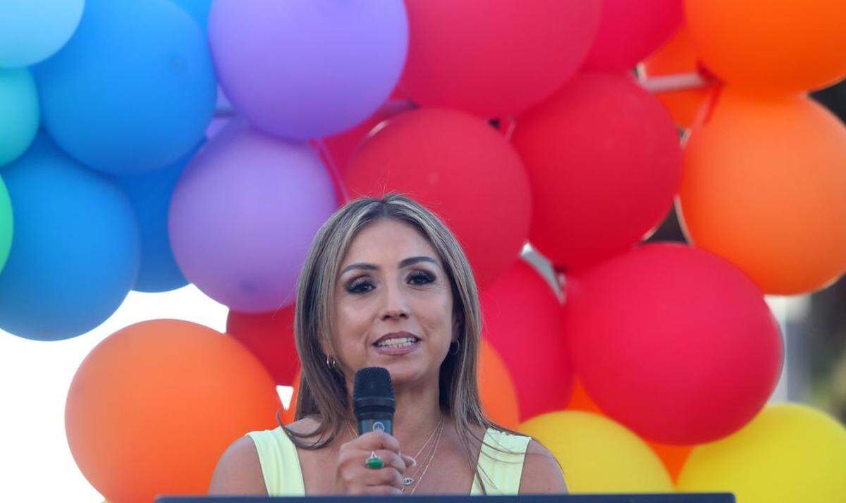 Fresno Economic Opportunities Commission executive director Emilia Reyes speaks at the ‘Illuminate Our Pride and Our Mental Health’ street festival on Fulton Street on June 24, 2023.