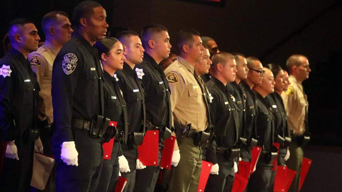 Cadets for various agencies at attention during their June 30, 2023 graduation from the State Center Police Academy.