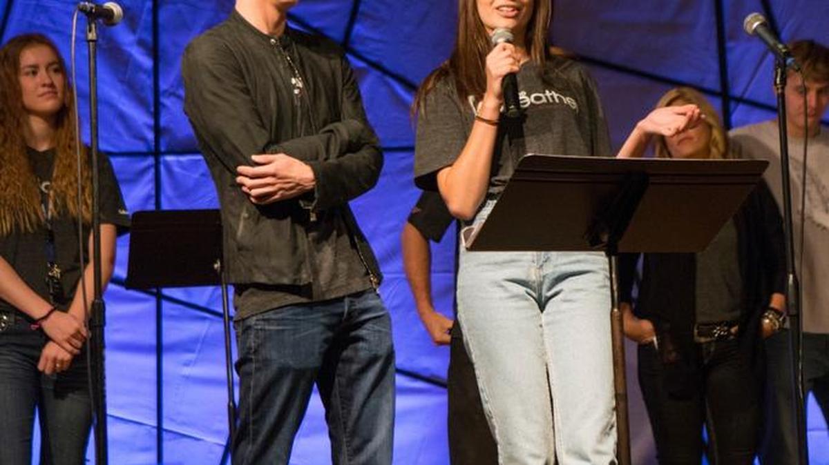 
Seniors Rees Roggenstein and Chloe Mueller lead National News Engagement Day assembly at Fresno Christian High School.
