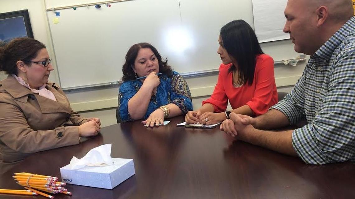 Roosevelt High School teachers and counselors meet with a Fresno Unified official after an emotional meeting with undocumented students. From left: Fresno Unified director of college readiness Christina Espinosa, Roosevelt High head counselor Gretchen Saldana, teachers Yadira Gonzalez and Alejandro Trevino.