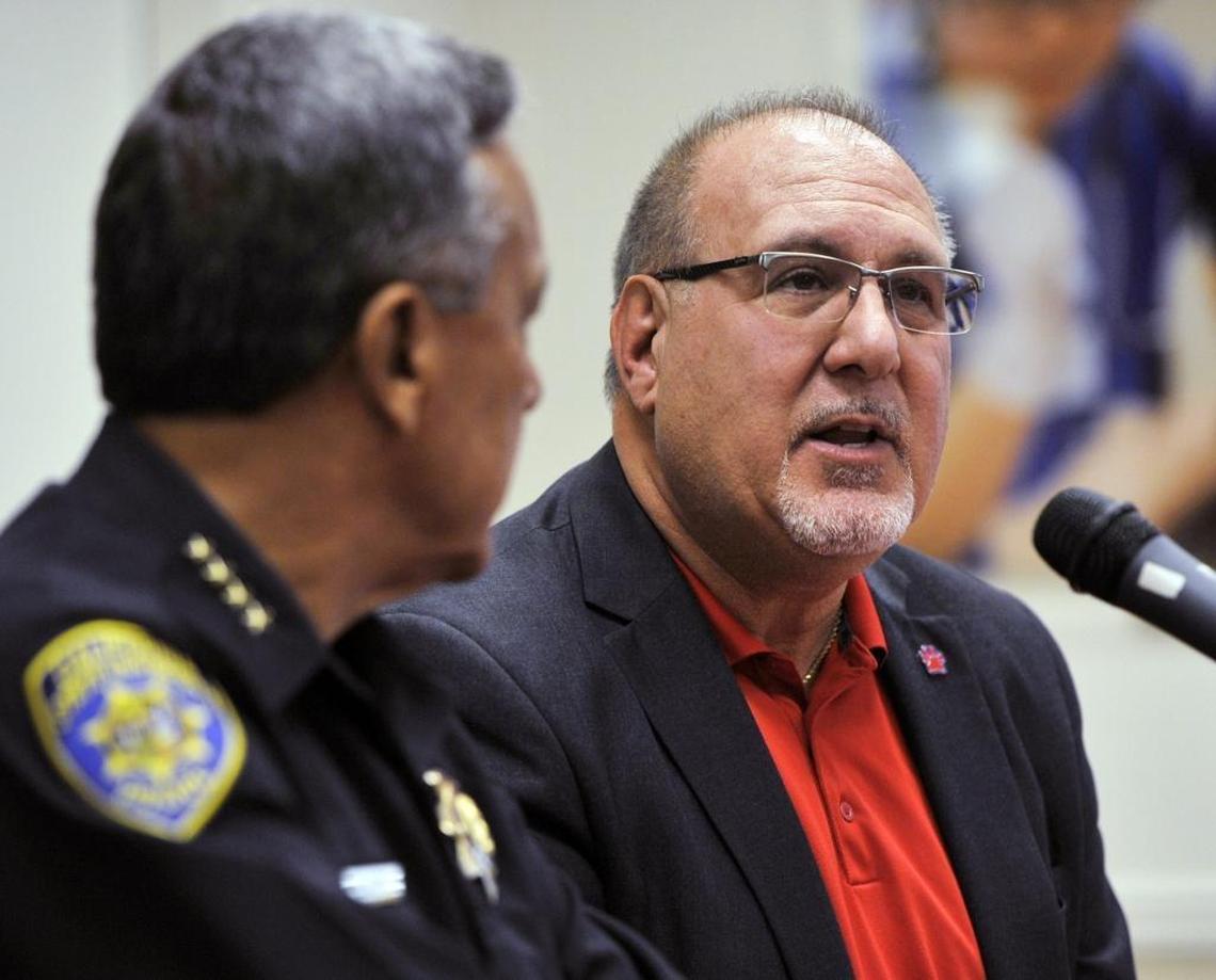 In this Bee file photo, Frank Lamas, at right and then Fresno State’s vice president for student affairs, speaks about a social media threat with Fresno State police Chief David Huerta during a news conference Tuesday, Nov. 3, 2015, at Fresno State’s Smittcamp Alumni House.