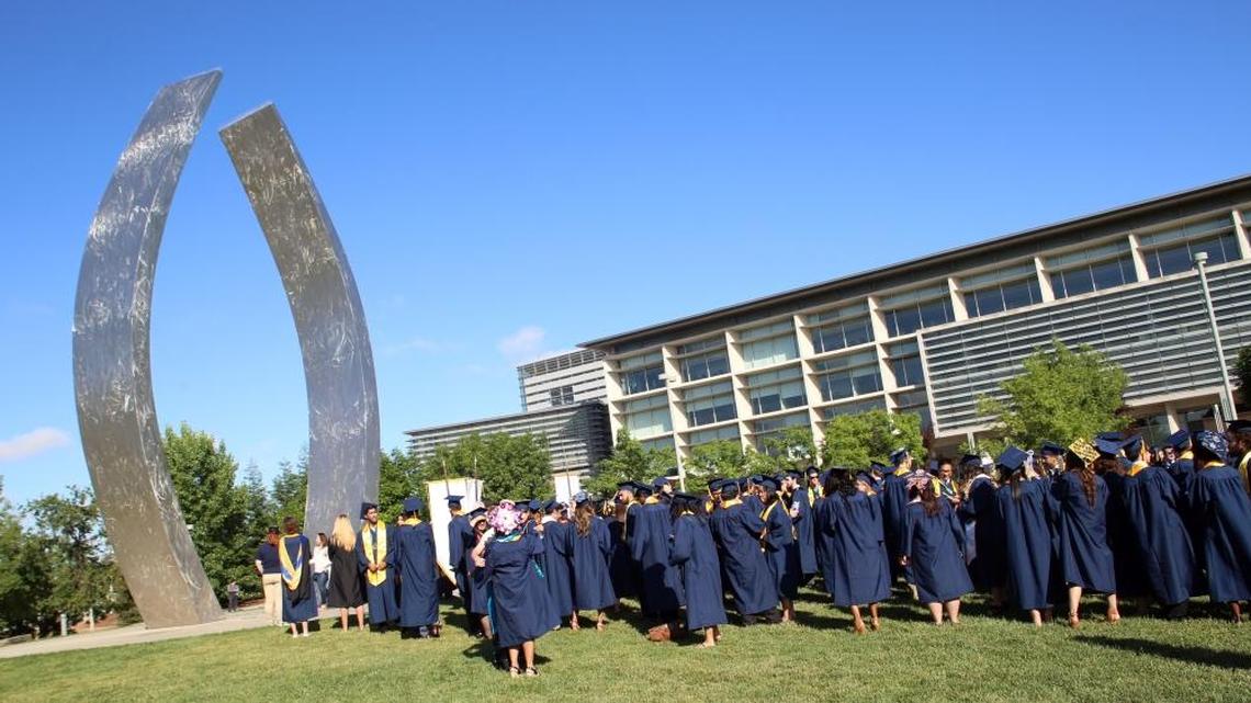 Graduates celebrate at the UC Merced commencement ceremony in May 2016.