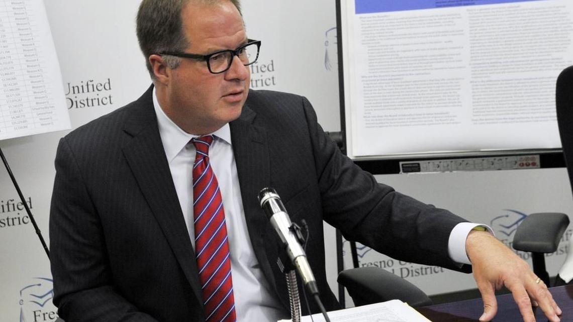 Fresno Unified School District superintendent Michael Hanson at a news conference in July 2015 about the district’s no-bid contracts.