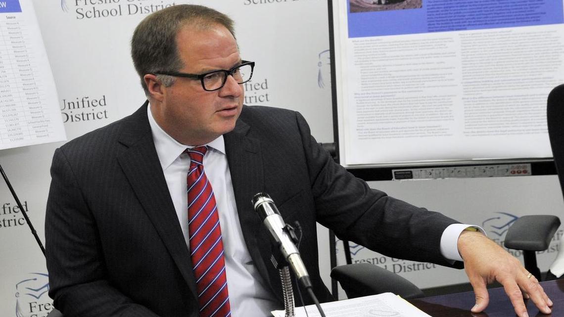 Fresno Unified School District Superintendent Michael Hanson explains the lease-leaseback agreement the district undertook for construction during a press conference in July.
