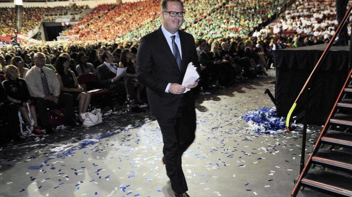 Fresno Unified Superintendent Michael Hanson, taking the stage at the 2015 district convocation, enjoys the support of a majority of the current seven-member board. But depending on who takes over for outgoing trustees Janet Ryan and Luis Chavez in November, that could change.