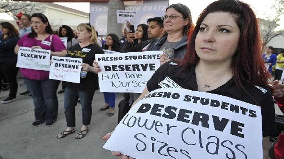 Frenso Unified teachers protested at Sunnyside High School earlier this year, calling for smaller class sizes and more nurses. The Fresno Teachers Association is taking up those issues in ongoing negotiations with the district.