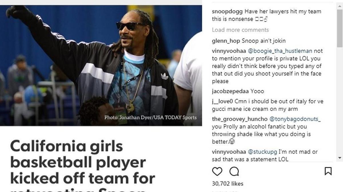 Snoop Dogg posted to his Instagram on Monday to share the story of a Sierra High student who was allegedly banned from the basketball team for sharing his social media posts.