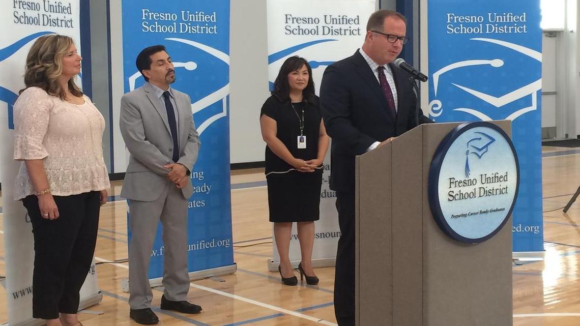 Michael Hanson, superintendent of Fresno Unified School District, shares new test score results Monday during a news conference at Baird Middle School. For the first time, the district showed gains across every grade level in each subject. The district released its scores ahead of the California Department of Education, which plans to make all districts’ scores public on Wednesday.