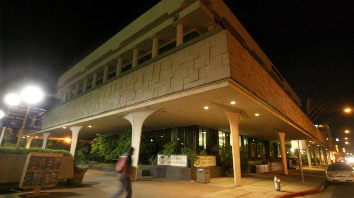 The Fresno County Office of Education building at Mariposa and Van Ness in downtown Fresno. Work on reconstructing Fulton Street, about a block away, severed a fiberoptic line at the office that carries internet service for area school districts, including Fresno and Clovis.