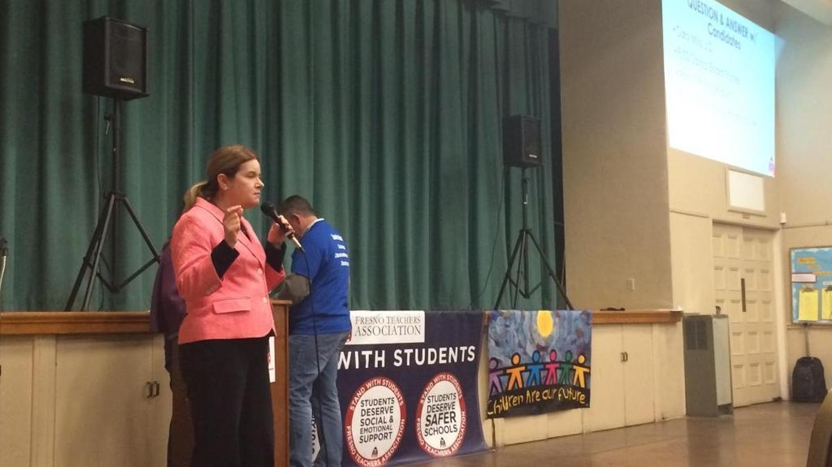 Carol Mills, Fresno Unified School District school board member, focused on what students wanted to see improved at their schools and addressed the public’s concerns during an open question and answer session at the Jan. 27 meeting to discuss how the Fresno Teachers Association can learn about ways to be part of FUSD’s decision making.