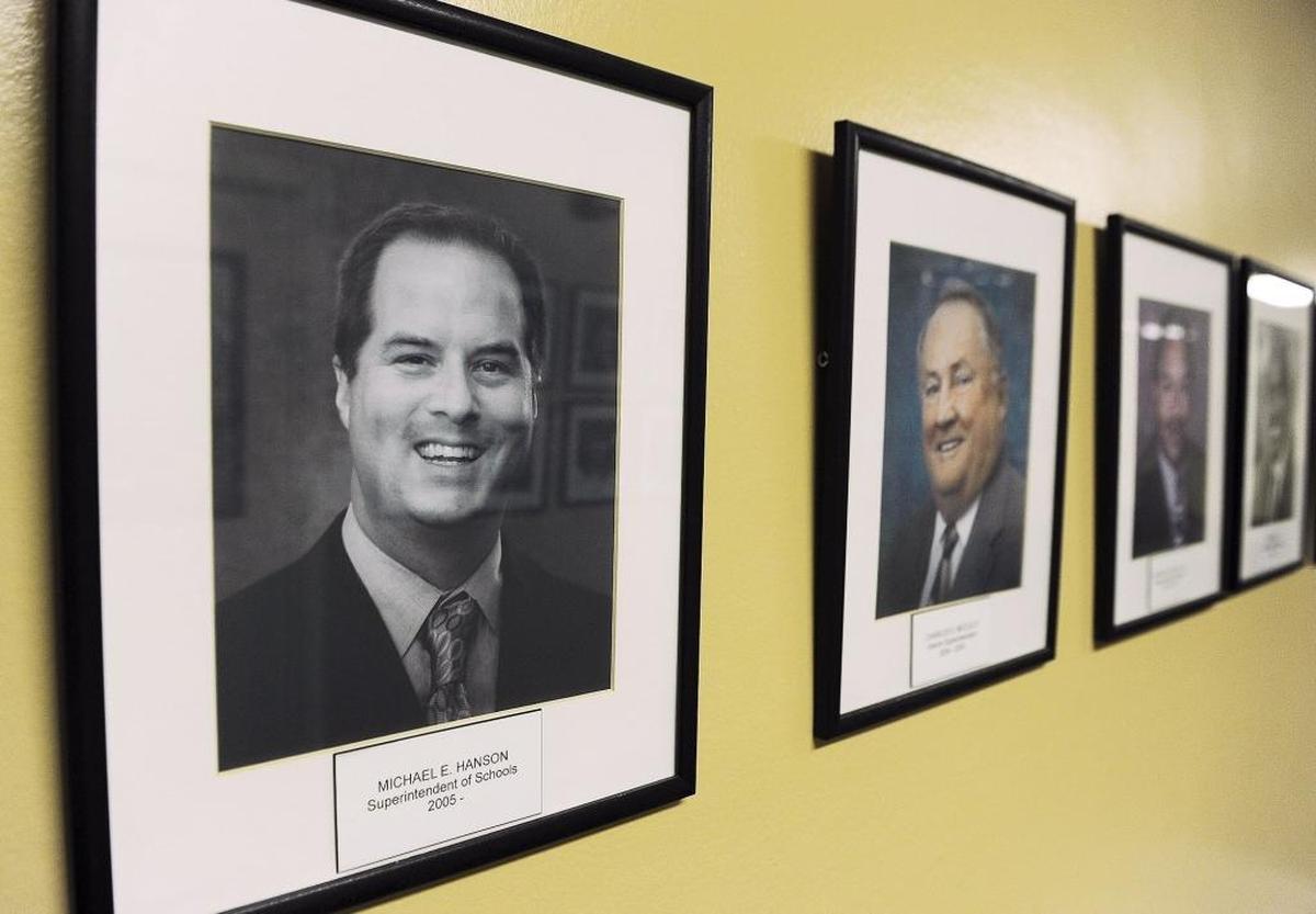 Michael Hanson’s photo hangs in the row of Fresno Unified’s superintendents at its headquarters downtown in 2017. Hanson served as the school district’s superintendent from 2005-2017.