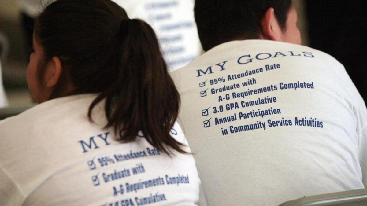 Seventh-grade students at Tehipite Middle Schol wear Steve’s Scholars T-shirts with goals printed on the backs of them that include: 95-percent attendance rate, graduate from high school with A-G requirements completed, 3.0 cumulative GPA and annual participation in community service activities.