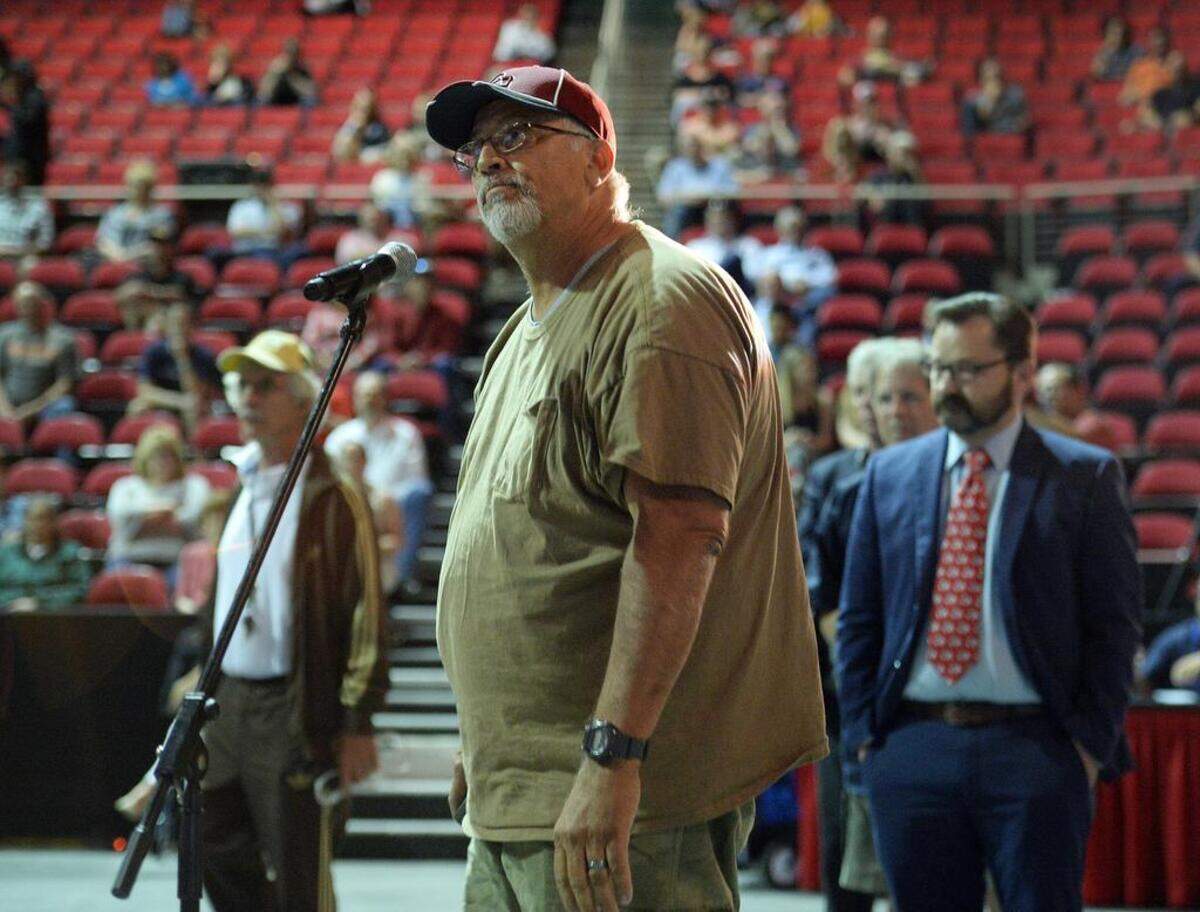 Bob Fraga of Fresno questions Fresno State President Joseph Castro about how the university handled the recent tweets by professor Randa Jarrar during a public forum at the Save Mart Center on Thursday, May 3, 2018.