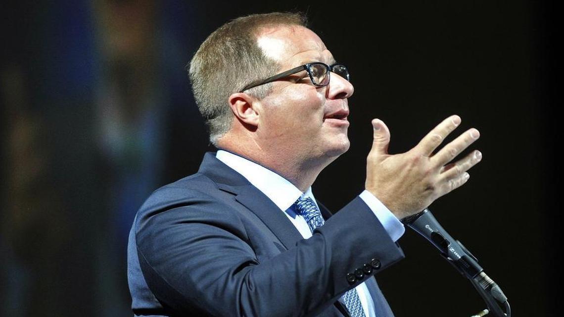 
Fresno Unified School District Superintendent Michael Hanson speaks at the district's convocation at Save Mart Center on Aug. 12, 2015.
