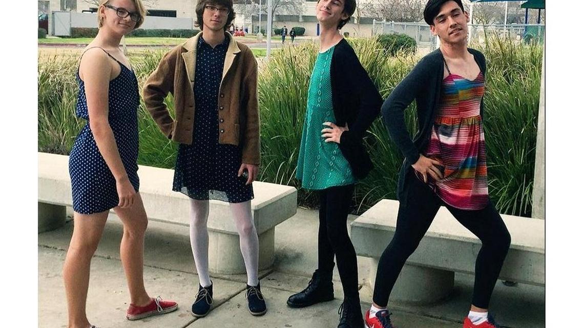 Boy students at Buchanan High School donned girls’ clothing recently to protest the district’s dress code, which the ACLU says violates state law that protects gender expression.