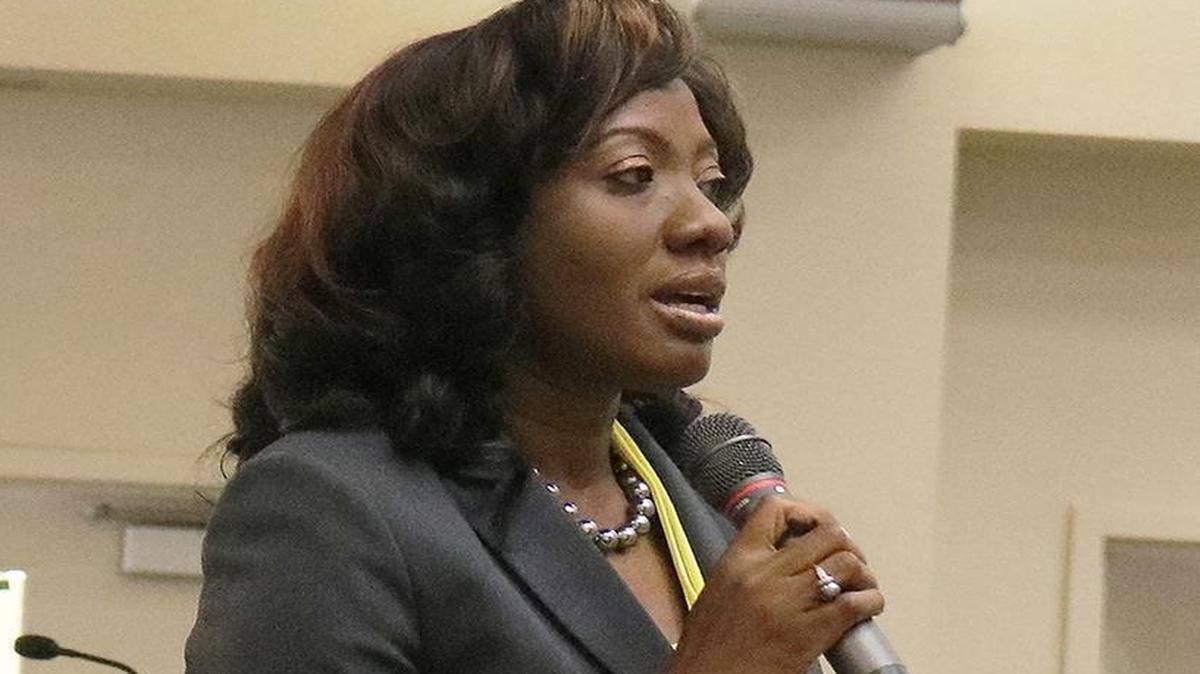 Gale Gibson Gayle speaks at a community forum Wednesday at Clovis Community College. She is one of three candidates vying for the college’s presidency. She has come under scrutiny due to being fired from her last job.
