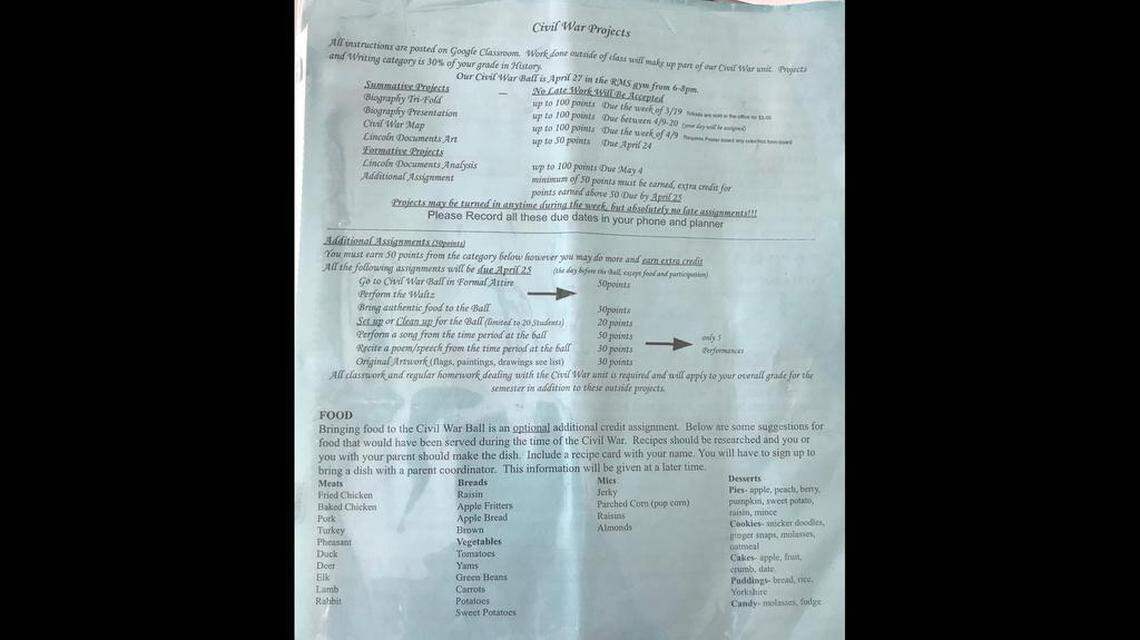 A flyer listing possible activities for students, including the Civil War Ball.