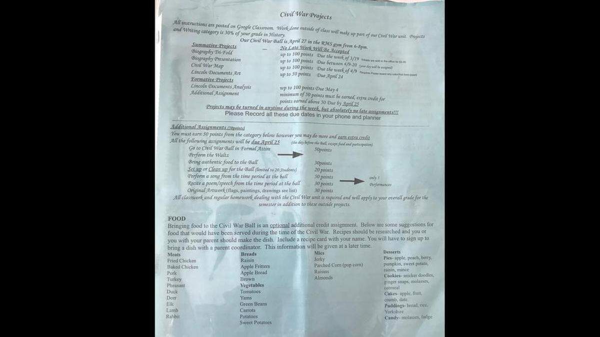 A flyer listing possible activities for students, including the Civil War Ball.