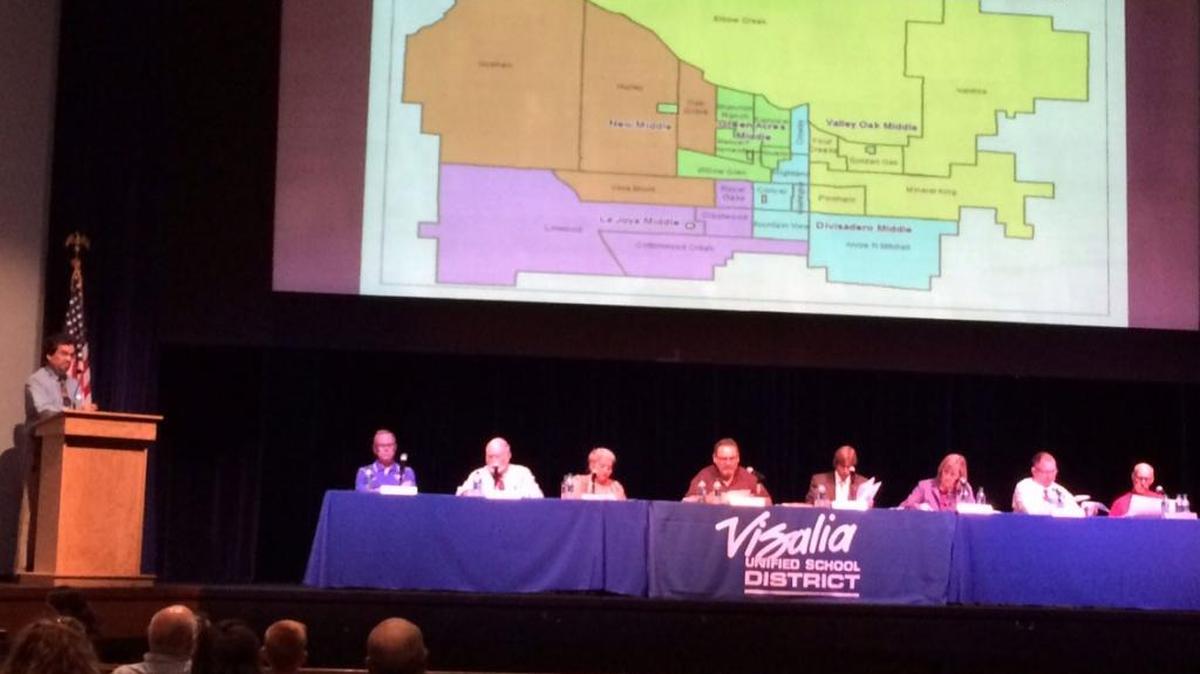 
Visalia Unified school board members considered boundary maps for high schools and middle schools during a public hearing Tuesday night attended by about 200 people.
