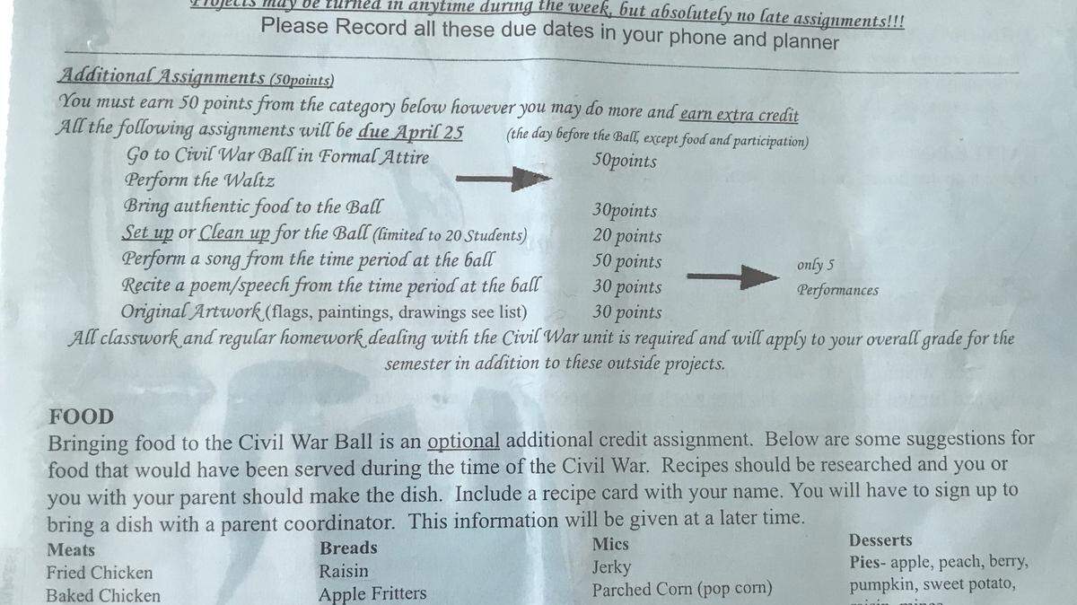 A flyer listing possible activities for students, including the Civil War Ball.