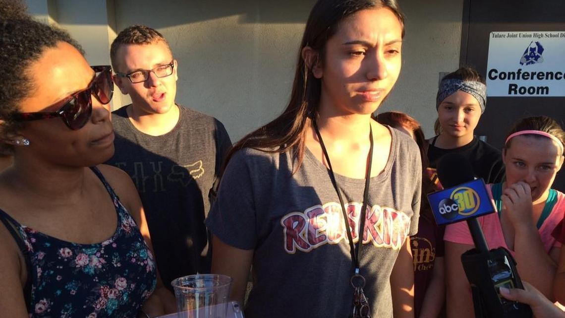 Cassidy Dolin, 16, a student at Tulare Union High, chats with reporters after the school board chose Tribe as the school new mascot name.