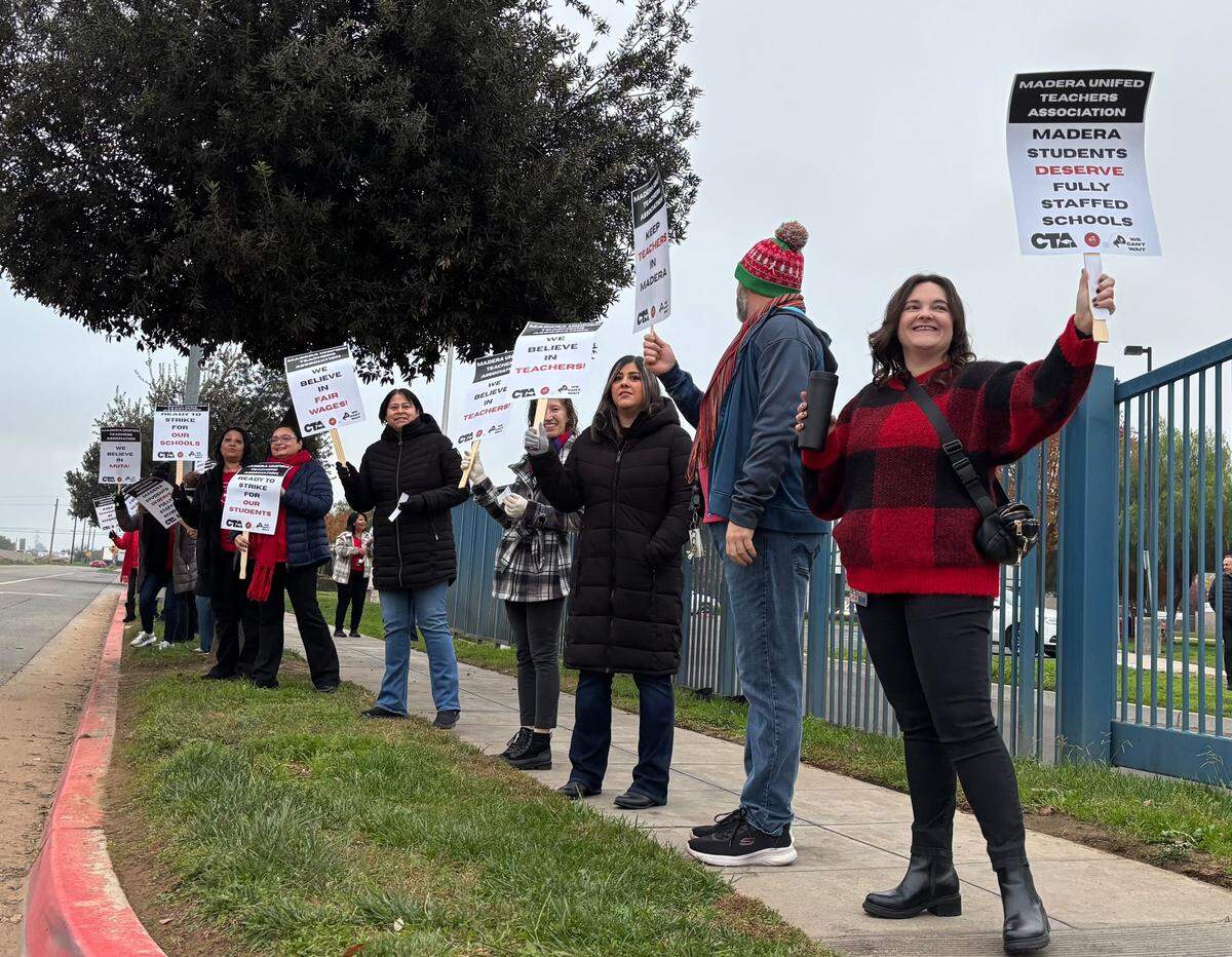 Union members say they’re prepared to strike in February or March if they’re unable to come to an agreement with Madera Unified later this month. Photographed outside Nishimoto Elementary School on Dec. 3, 2025.