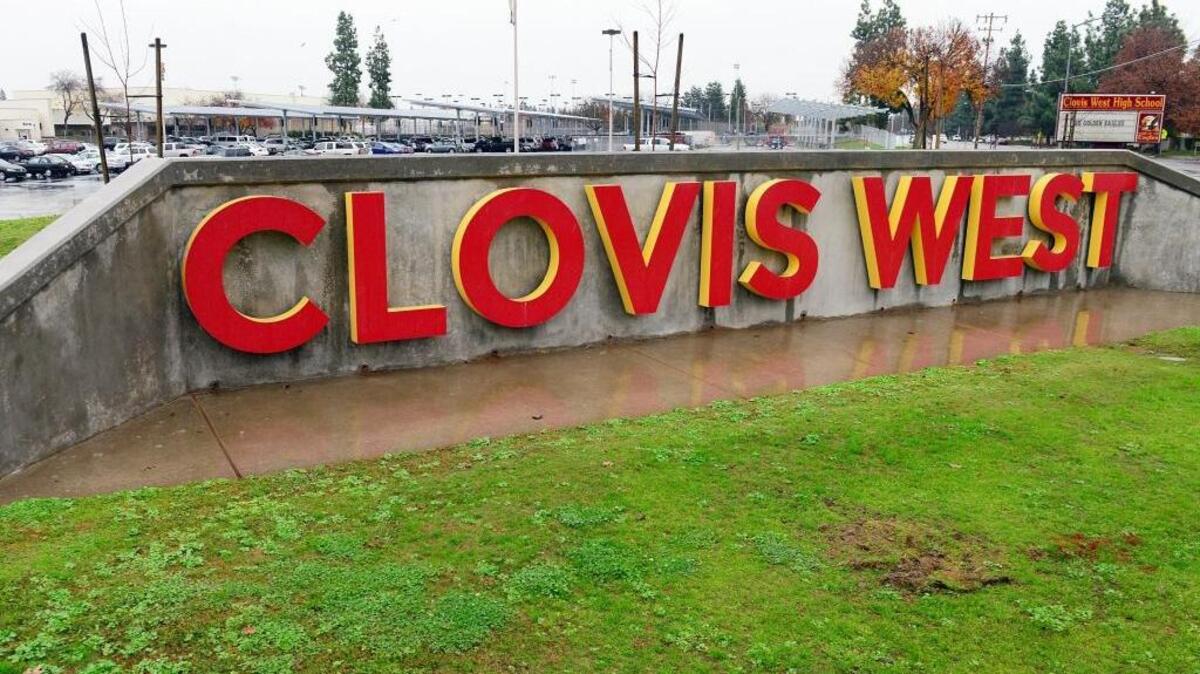 The Clovis West High School sign on the school campus at the corner of Teague and Millbrook.