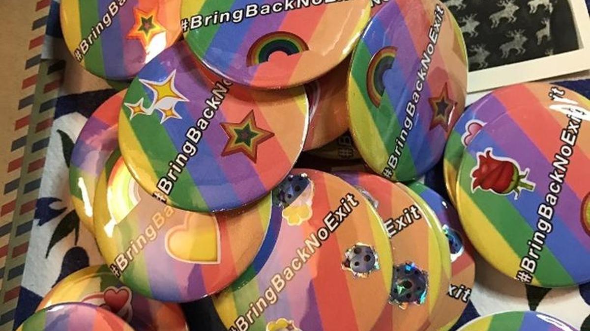 Buchanan student Jada Sylvest created these buttons for students on Monday to demand the return of the school’s rendition of the play, “No Exit.”