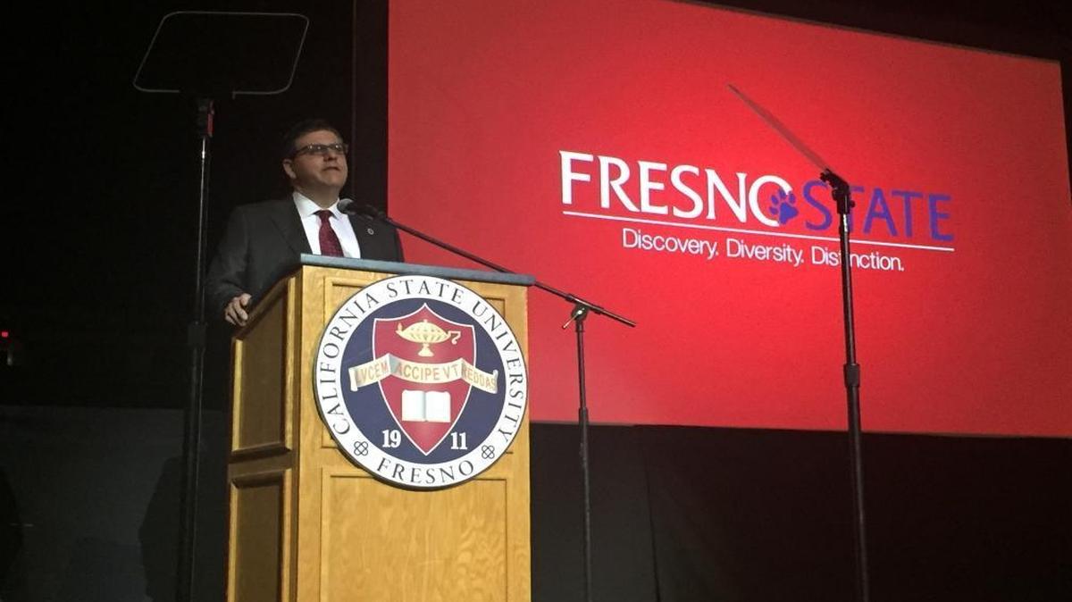 Fresno State President Joseph Castro discusses the university’s distinctions in his Spring Assembly speech at the Save Mart Center on Thursday.